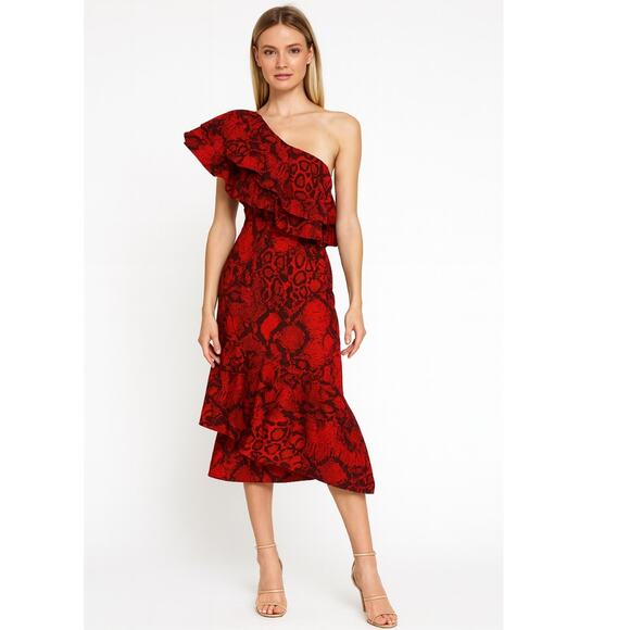 Solace London Heppy One Shoulder Crepe De Chine Midi Dress 0 Red NWT - Picture 1 of 9